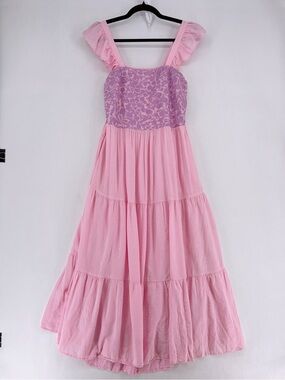 J Marie Maxi Dress Large Pink Floral Embroidered linenTiered Ruffle Sleeve sz M